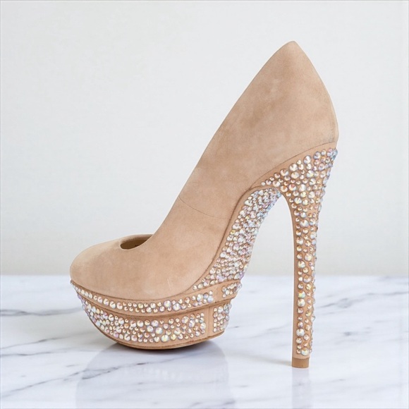 Brian Atwood Francoise Embellished Stiletto Pumps Tan Suede Leather size 8 - Picture 1 of 13